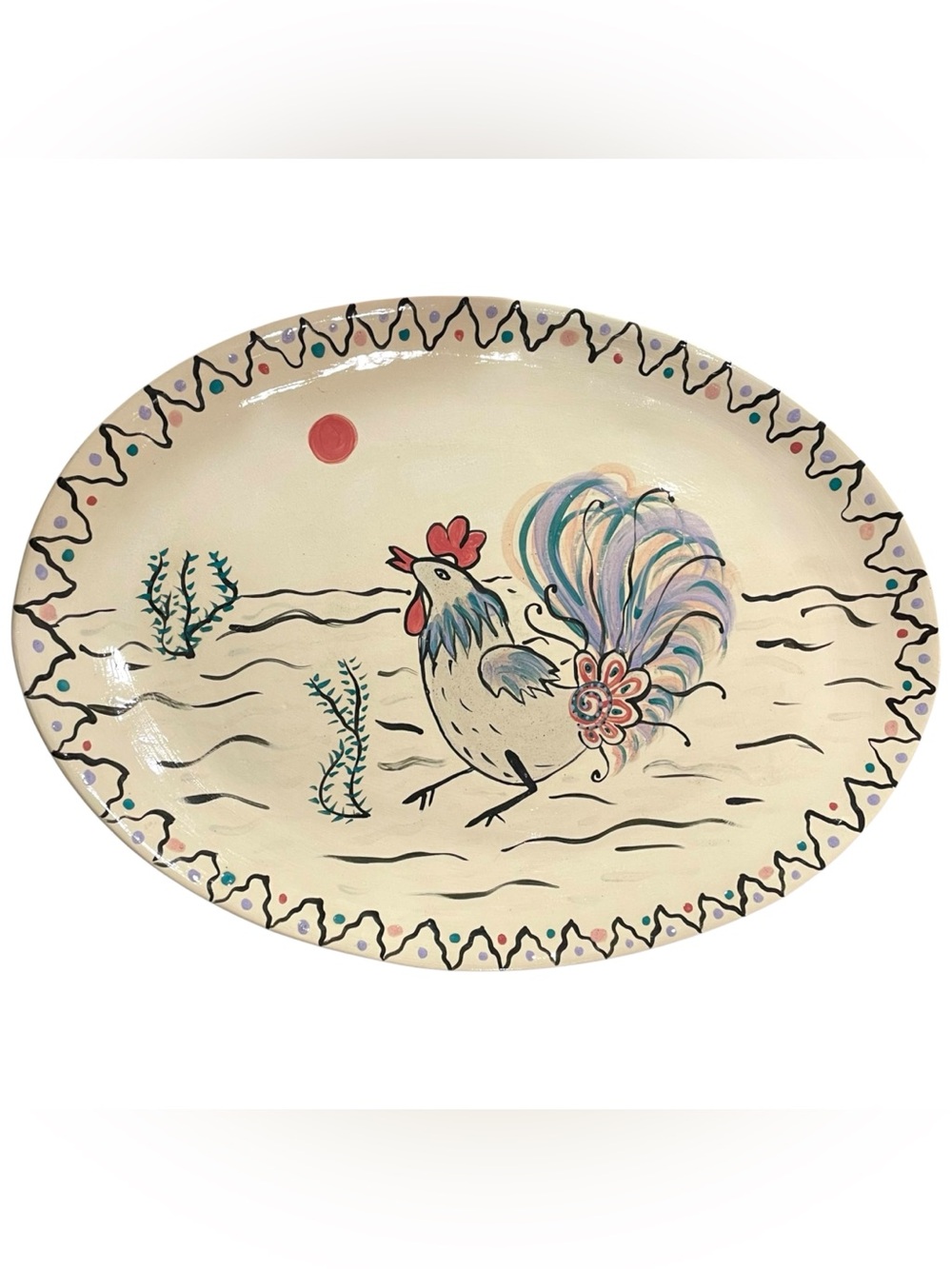 Vintage 1980s B. Graham Signed Folk Art Pottery Platter - Hand Painted Rooster